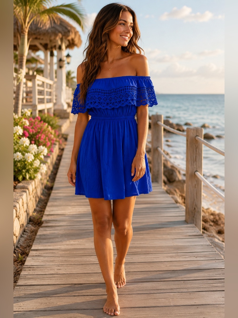 Strapless Cobalt Blue Crochet Off Shoulder Flowy Boho Mini Dress Coastal CoverUp